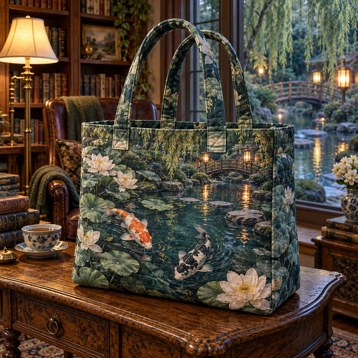 Koi Lotus Quiet Corner Quilted Tote Bag with flat printed koi and lotus pond in a quiet reading corner
