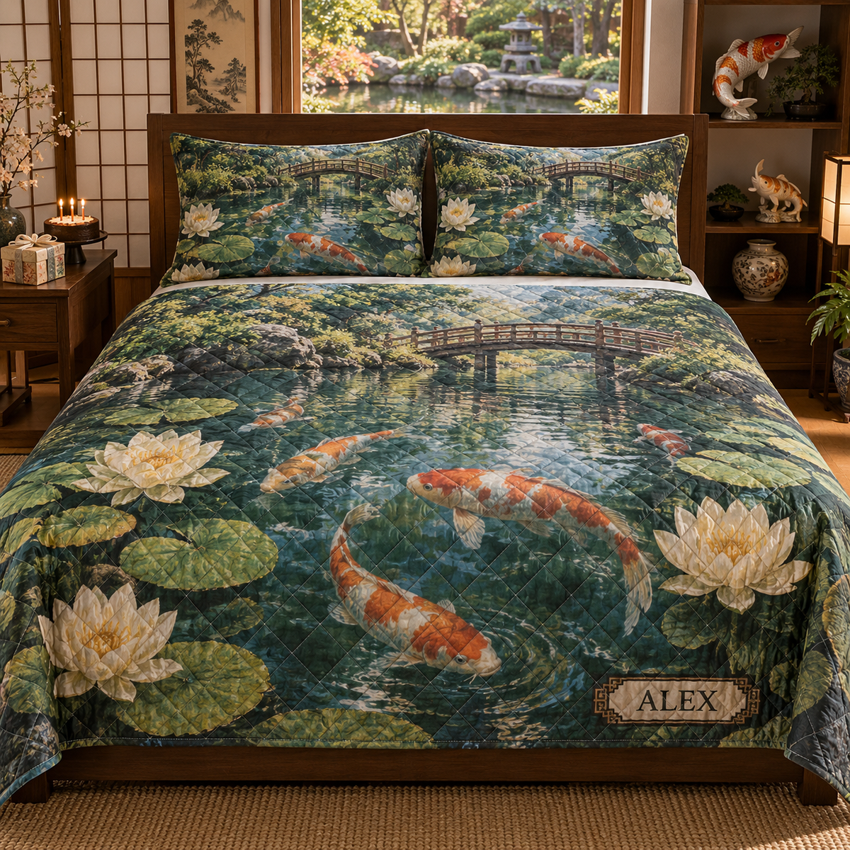 Koi Lotus Birthday Quilted Bedding Set with flat printed koi and lotus birthday garden and sample recipient name