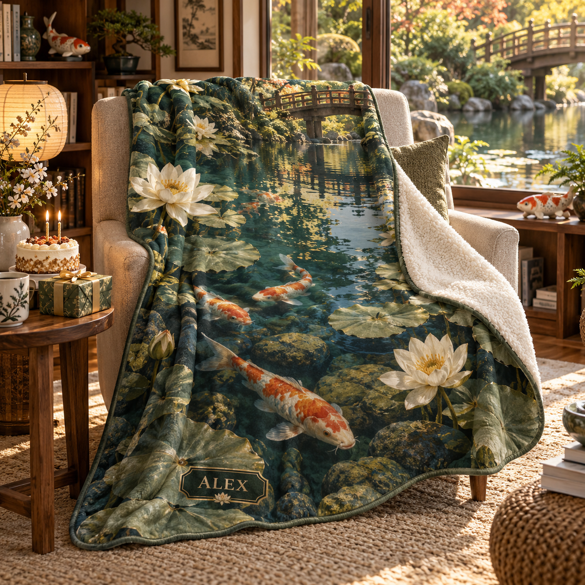 Koi Lotus Birthday Sherpa & Fleece Blanket with flat printed koi and lotus birthday garden and sample recipient name