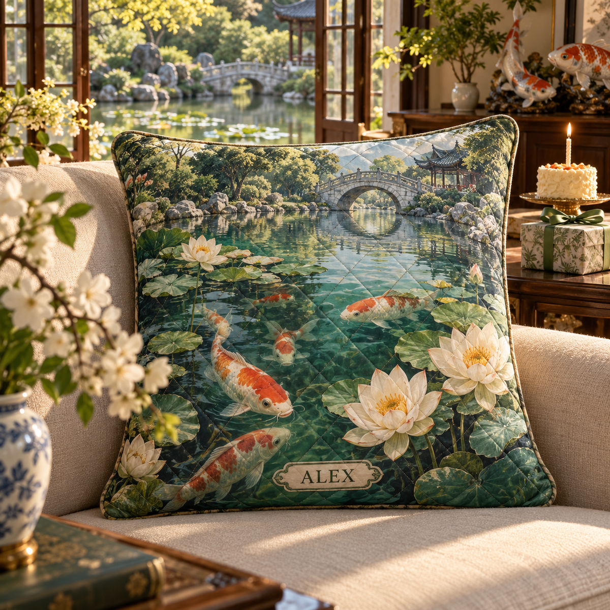 Koi Lotus Birthday Quilted Cushion Cover with flat printed koi and lotus birthday garden and sample recipient name