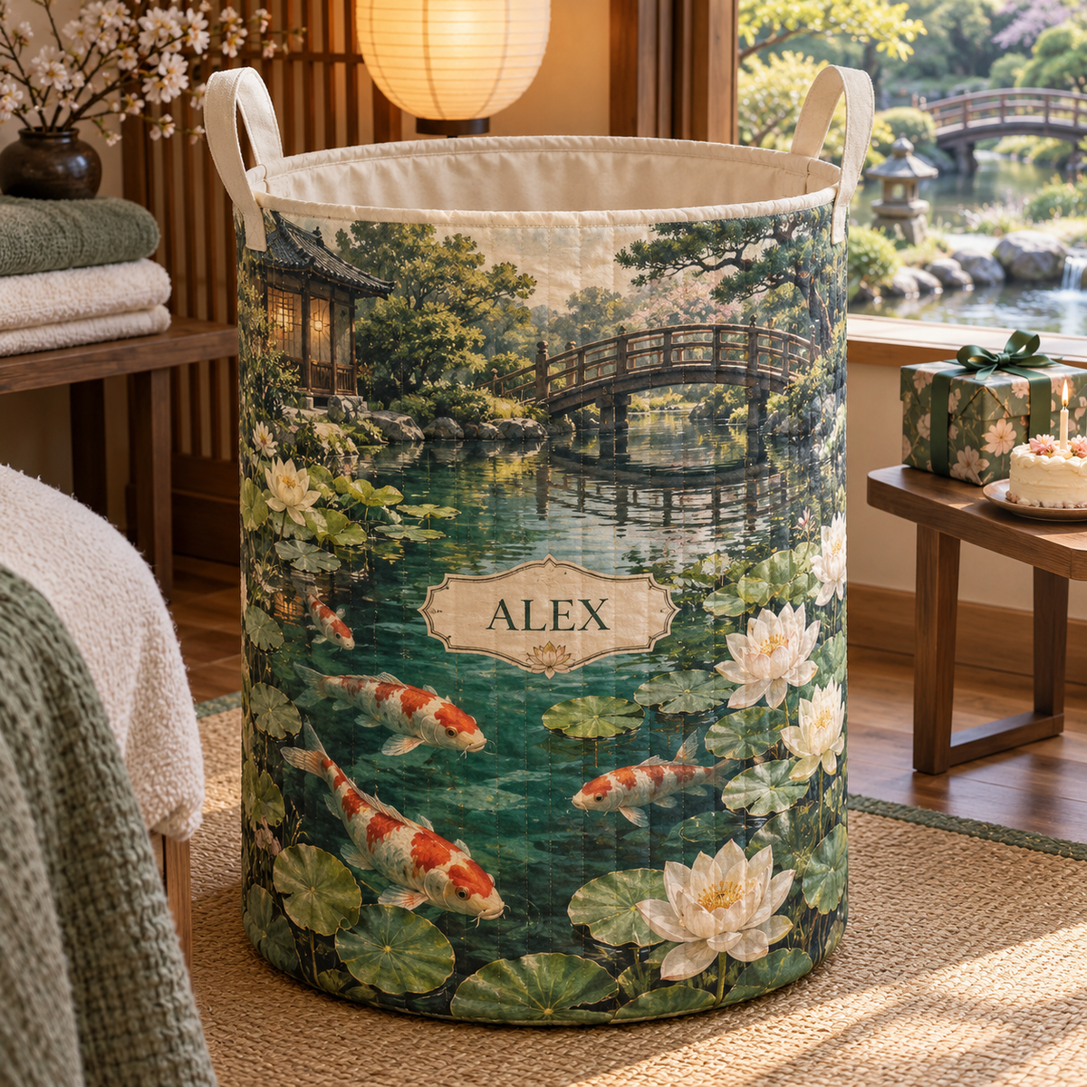 Koi Lotus Birthday Laundry Hamper with flat printed koi and lotus birthday garden and sample recipient name