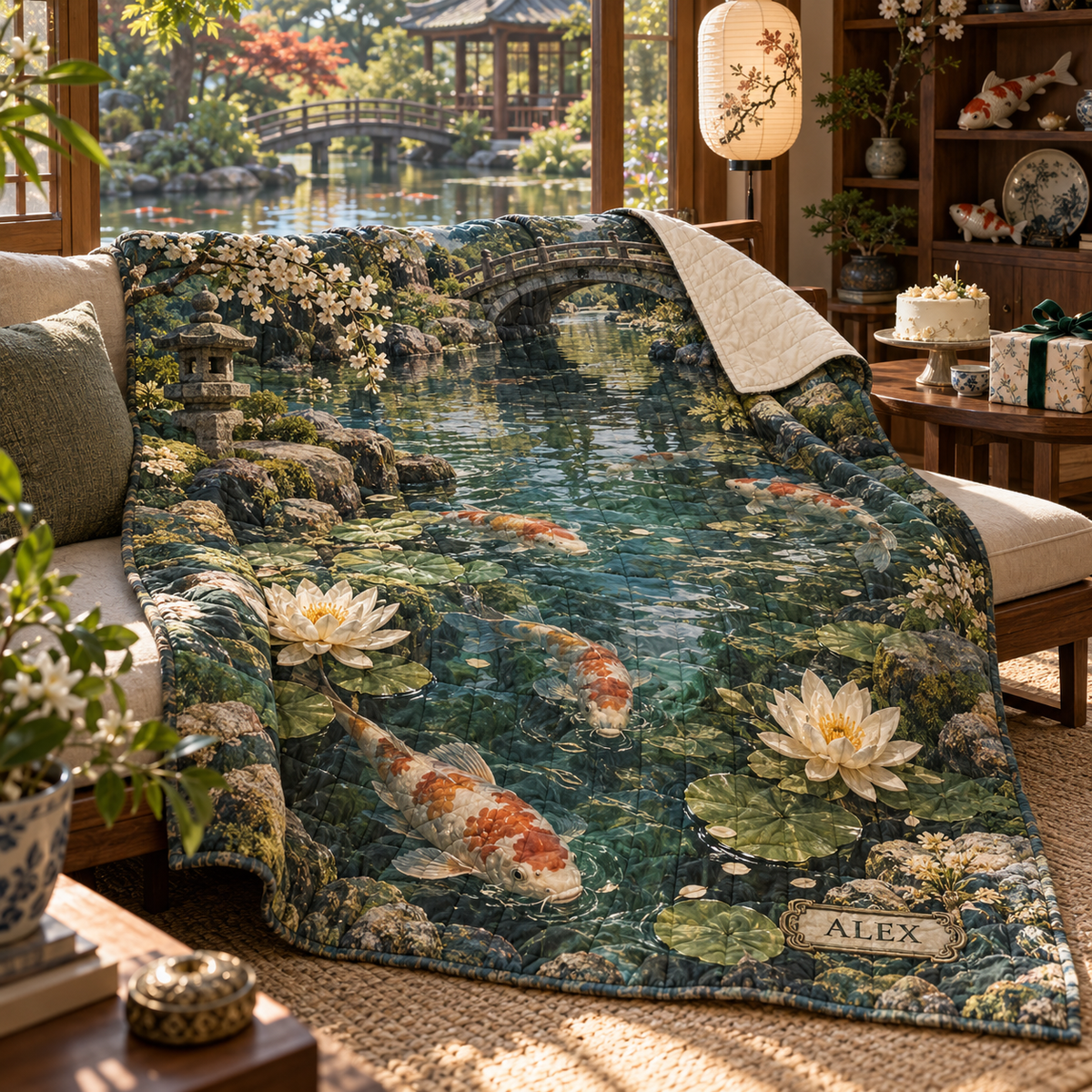 Koi Lotus Birthday Quilt Blanket with flat printed koi and lotus birthday garden and sample recipient name
