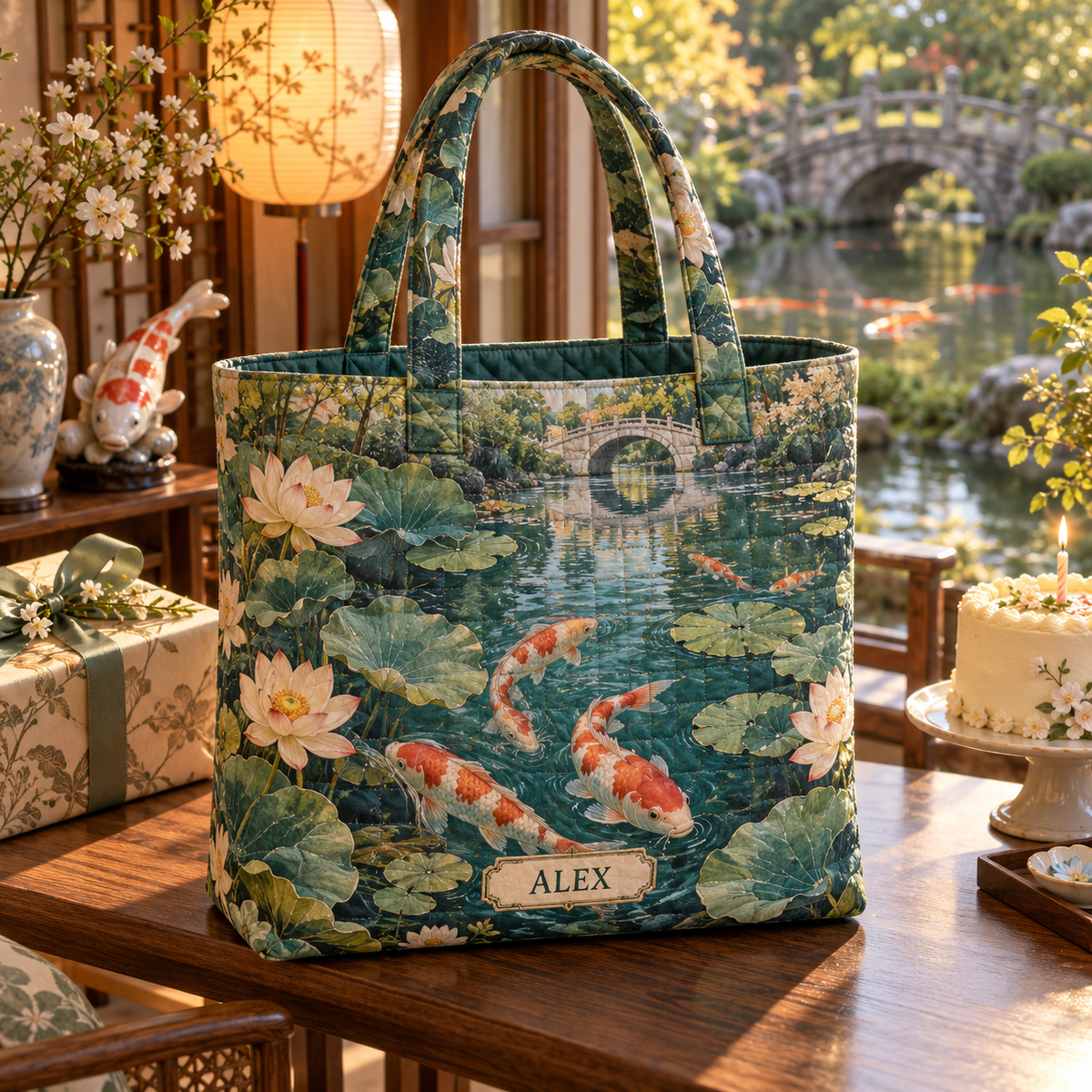Koi Lotus Birthday Quilted Tote Bag with flat printed koi and lotus birthday garden and sample recipient name