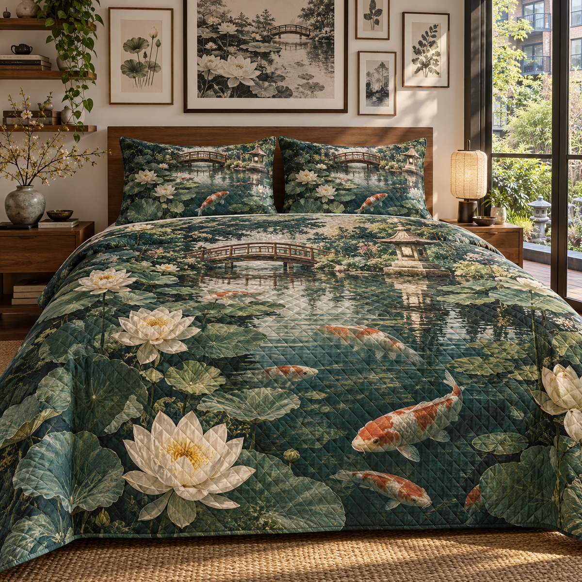 Koi Lotus Gallery Wall Quilted Bedding Set with flat printed koi and lotus pond in an apartment gallery setting
