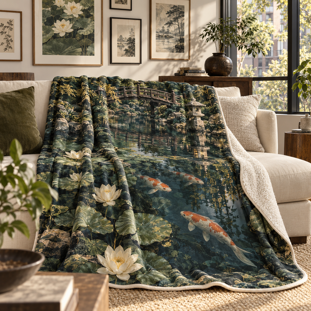 Koi Lotus Gallery Wall Sherpa & Fleece Blanket with flat printed koi and lotus pond in an apartment gallery setting