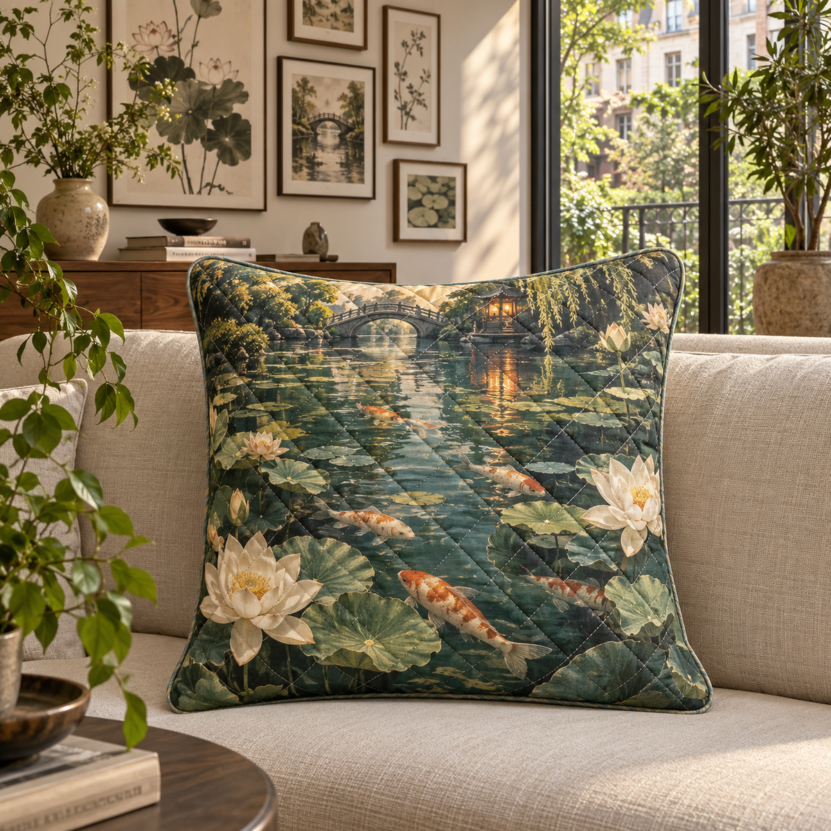 Koi Lotus Gallery Wall Quilted Cushion Cover with flat printed koi and lotus pond in an apartment gallery setting