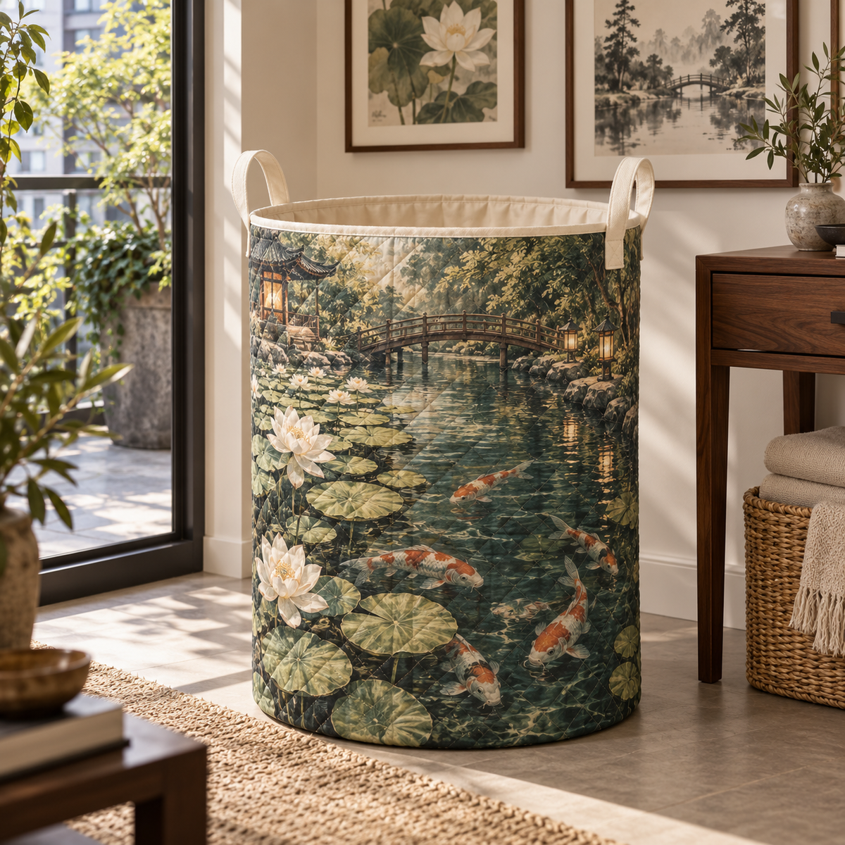 Koi Lotus Gallery Wall Laundry Hamper with flat printed koi and lotus pond in an apartment gallery setting