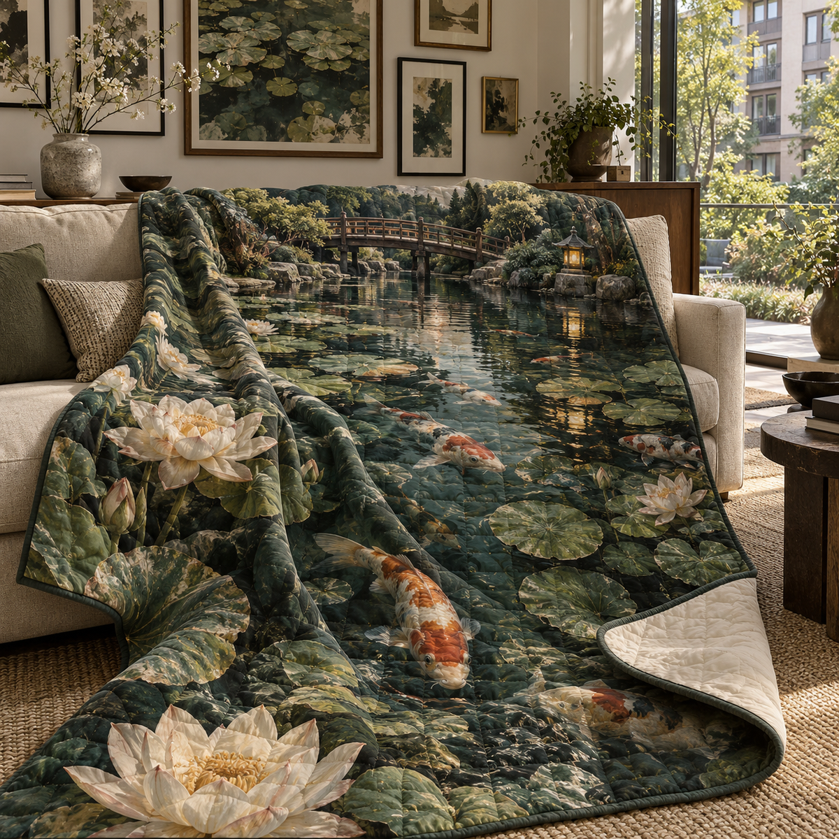 Koi Lotus Gallery Wall Quilt Blanket with flat printed koi and lotus pond in an apartment gallery setting