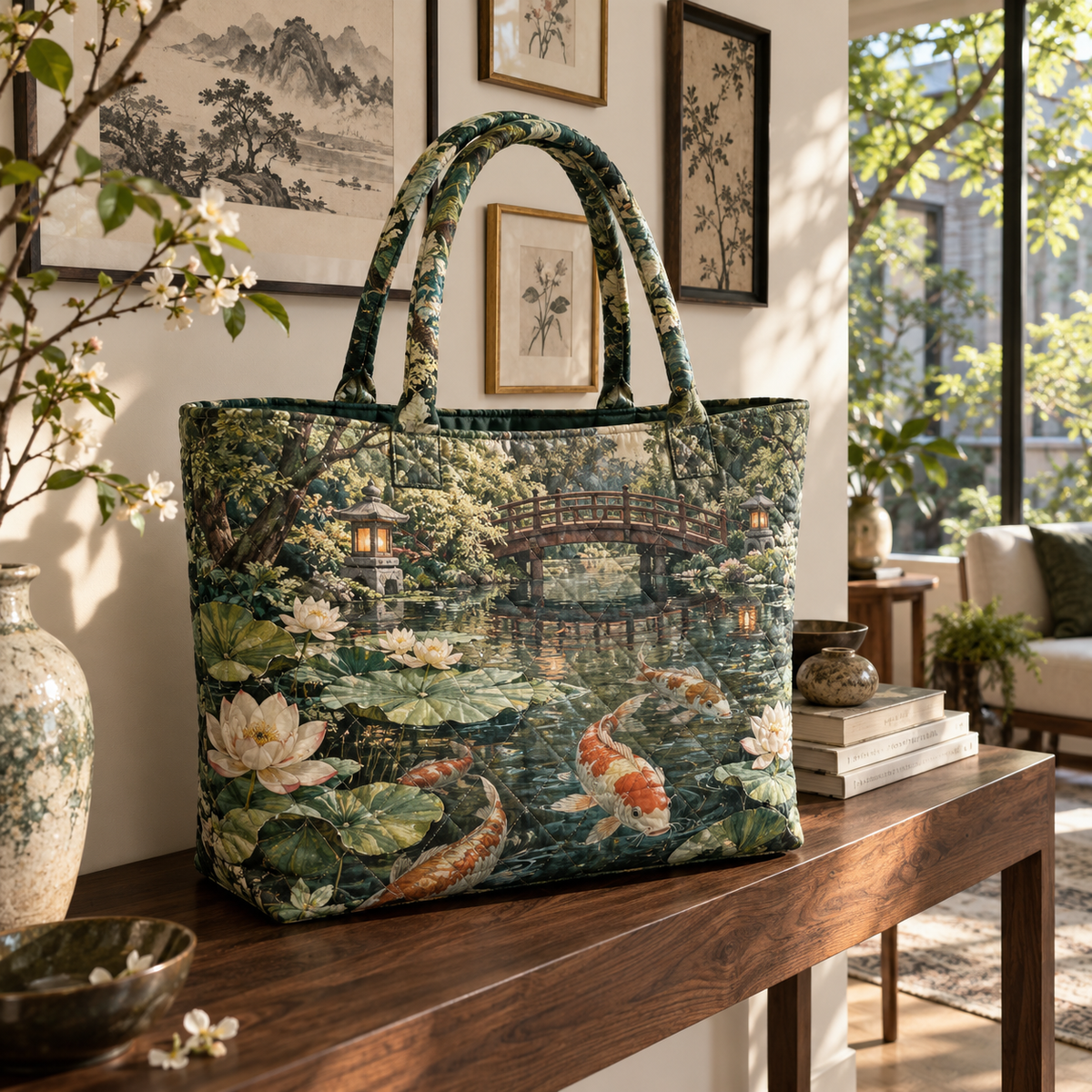 Koi Lotus Gallery Wall Quilted Tote Bag with flat printed koi and lotus pond in an apartment gallery setting