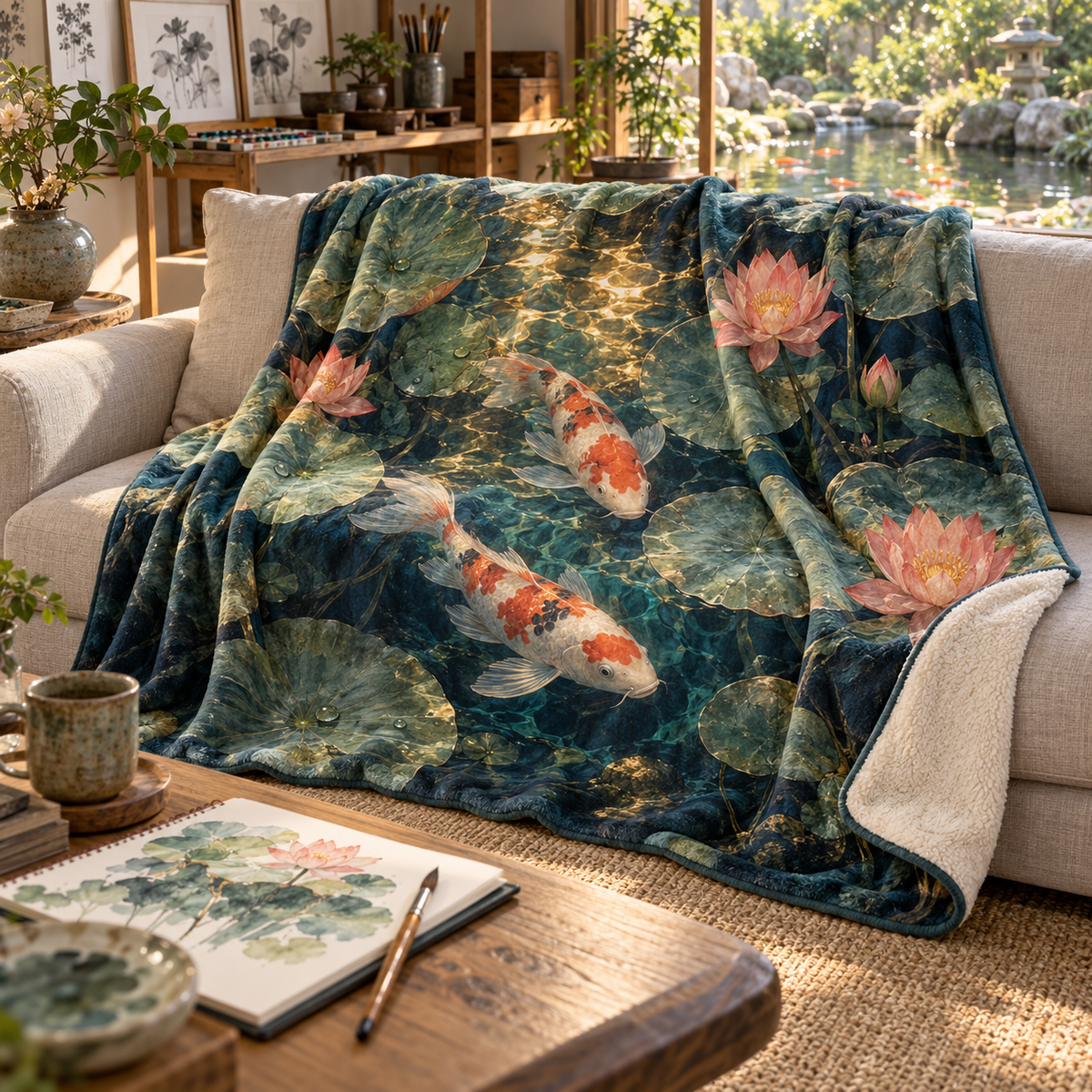 Koi Lotus Hobby Studio Sherpa & Fleece Blanket with flat printed koi and lotus pond in a hobby studio setting
