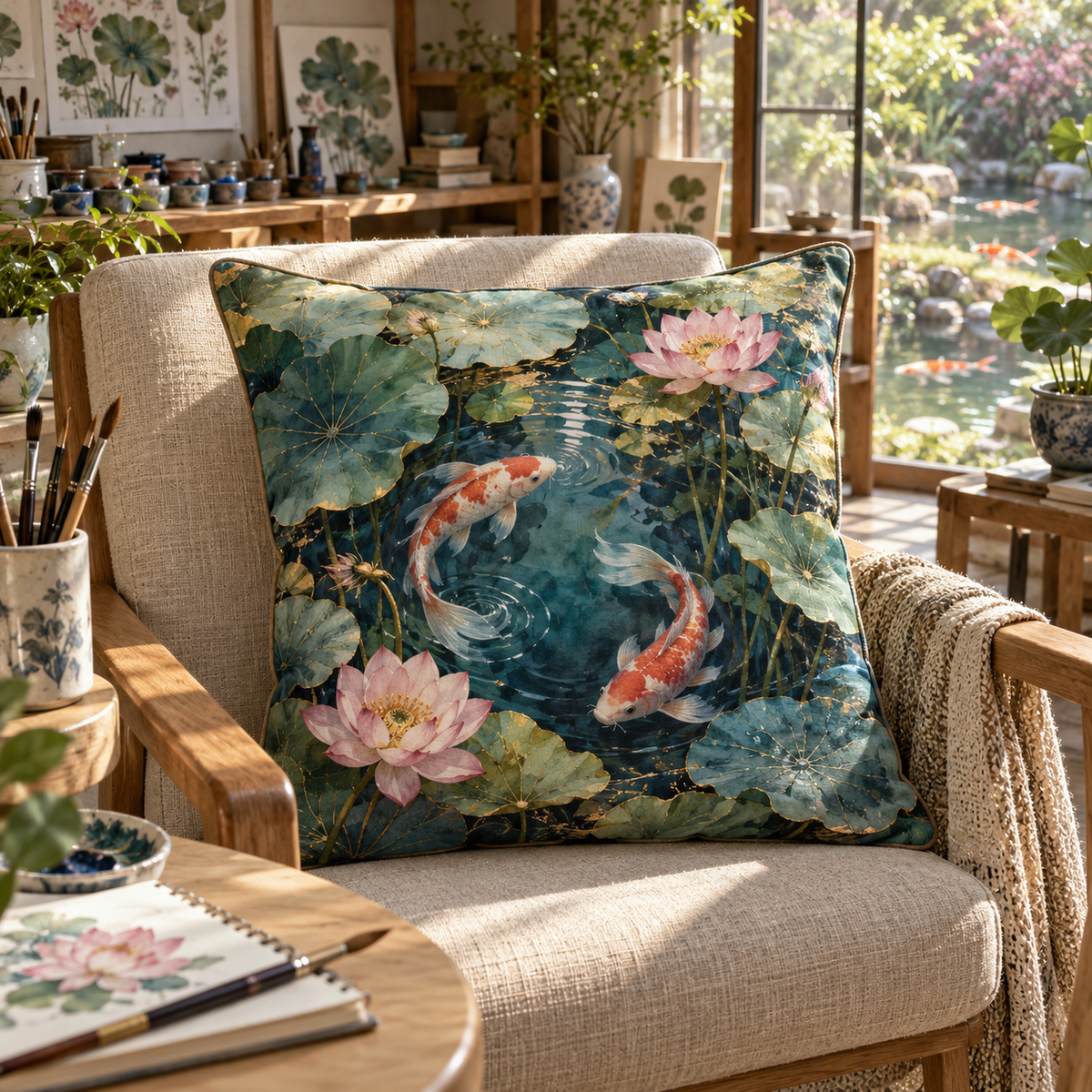 Koi Lotus Hobby Studio Quilted Cushion Cover with flat printed koi and lotus pond in a hobby studio setting