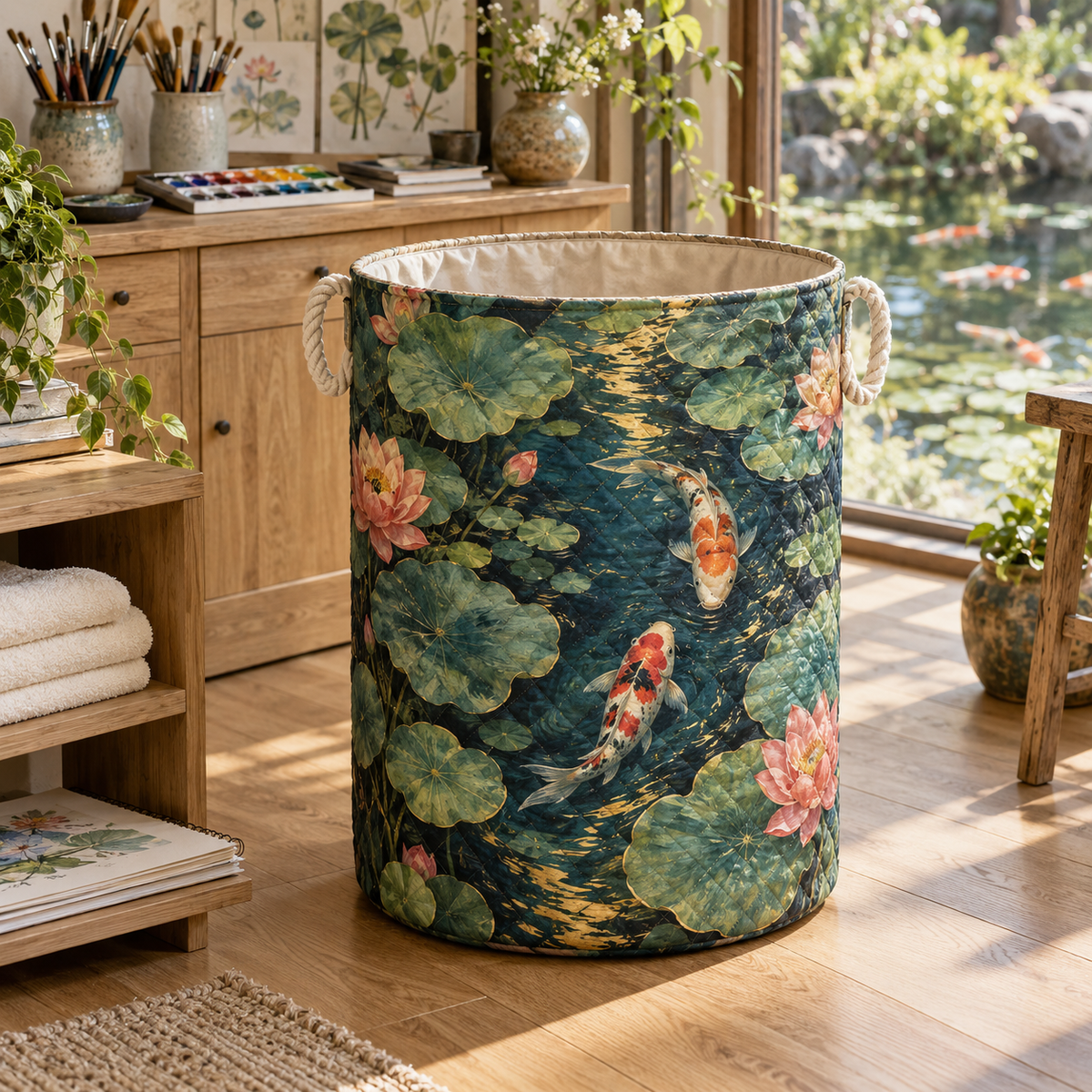 Koi Lotus Hobby Studio Laundry Hamper with flat printed koi and lotus pond in a hobby studio setting
