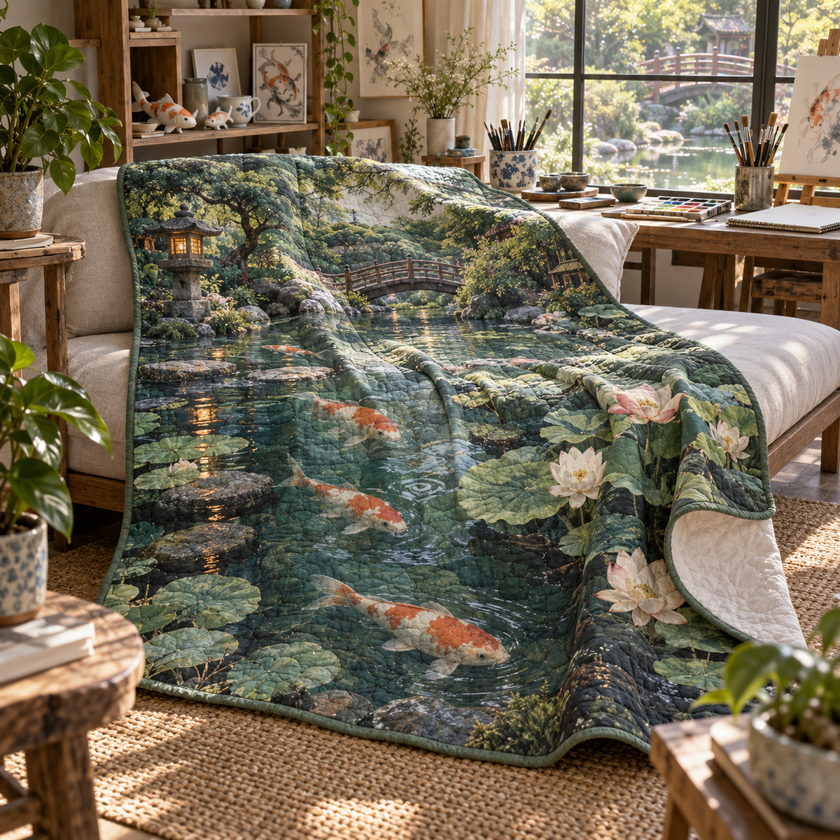 Koi Lotus Hobby Studio Quilt Blanket with flat printed koi and lotus pond in a hobby studio setting