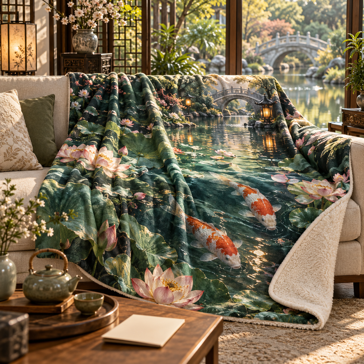 Koi Lotus Host Thank You Sherpa & Fleece Blanket with flat printed koi and lotus pond in a host thank-you gift setting