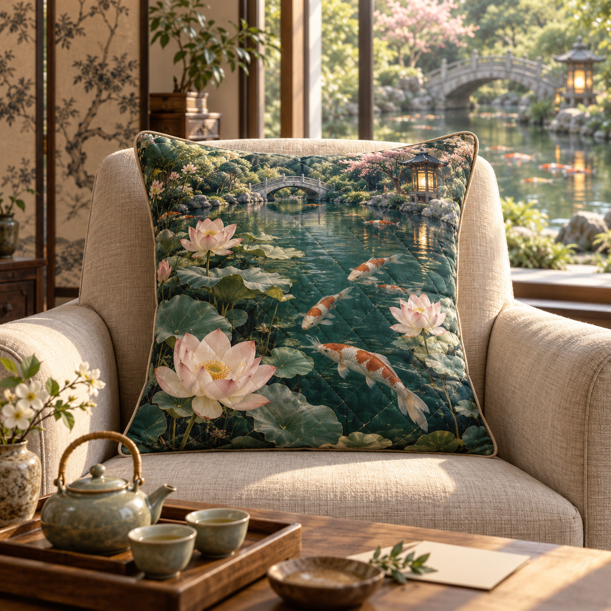 Koi Lotus Host Thank You Quilted Cushion Cover with flat printed koi and lotus pond in a host thank-you gift setting