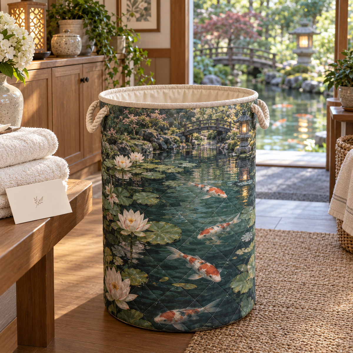 Koi Lotus Host Thank You Laundry Hamper with flat printed koi and lotus pond in a host thank-you gift setting