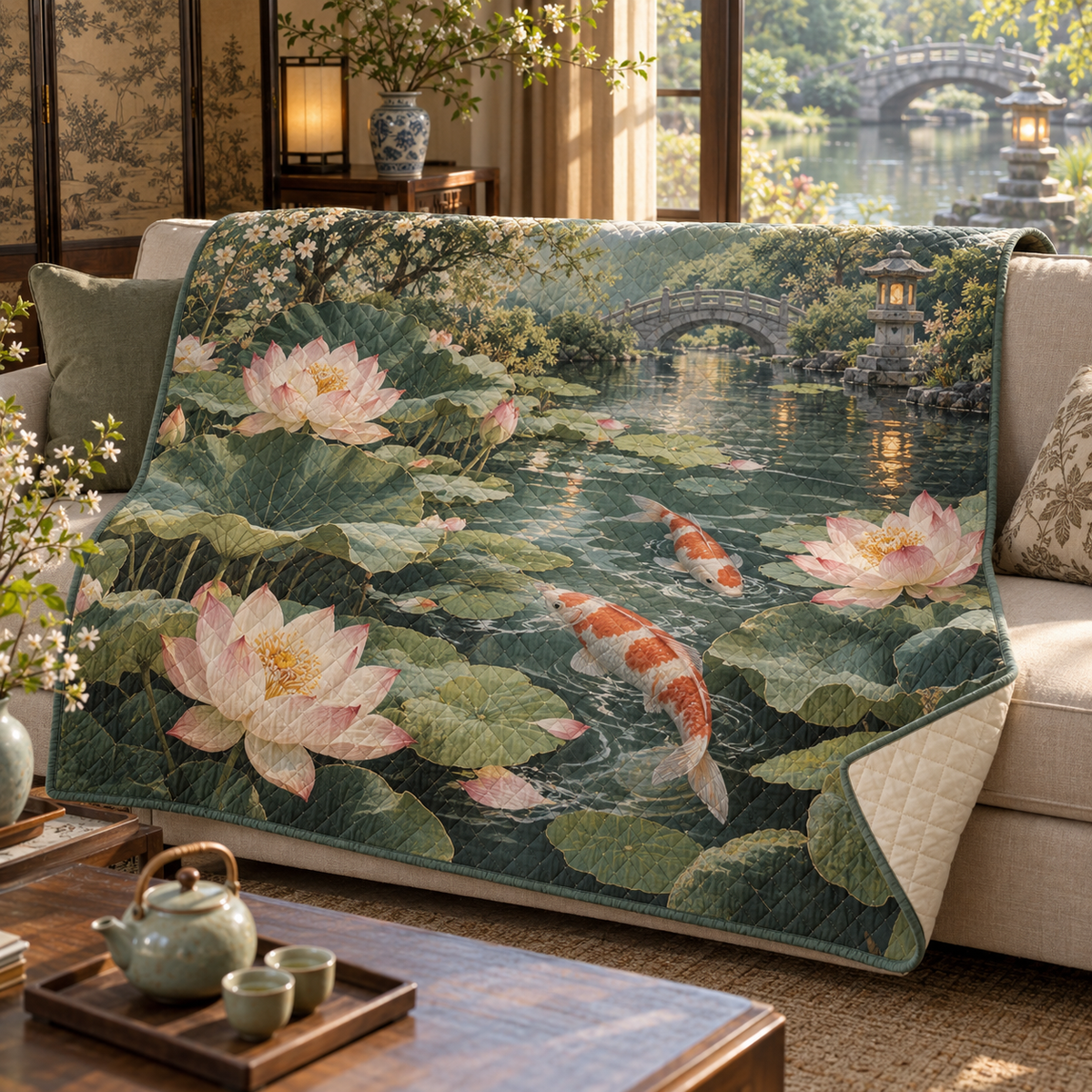 Koi Lotus Host Thank You Quilt Blanket with flat printed koi and lotus pond in a host thank-you gift setting