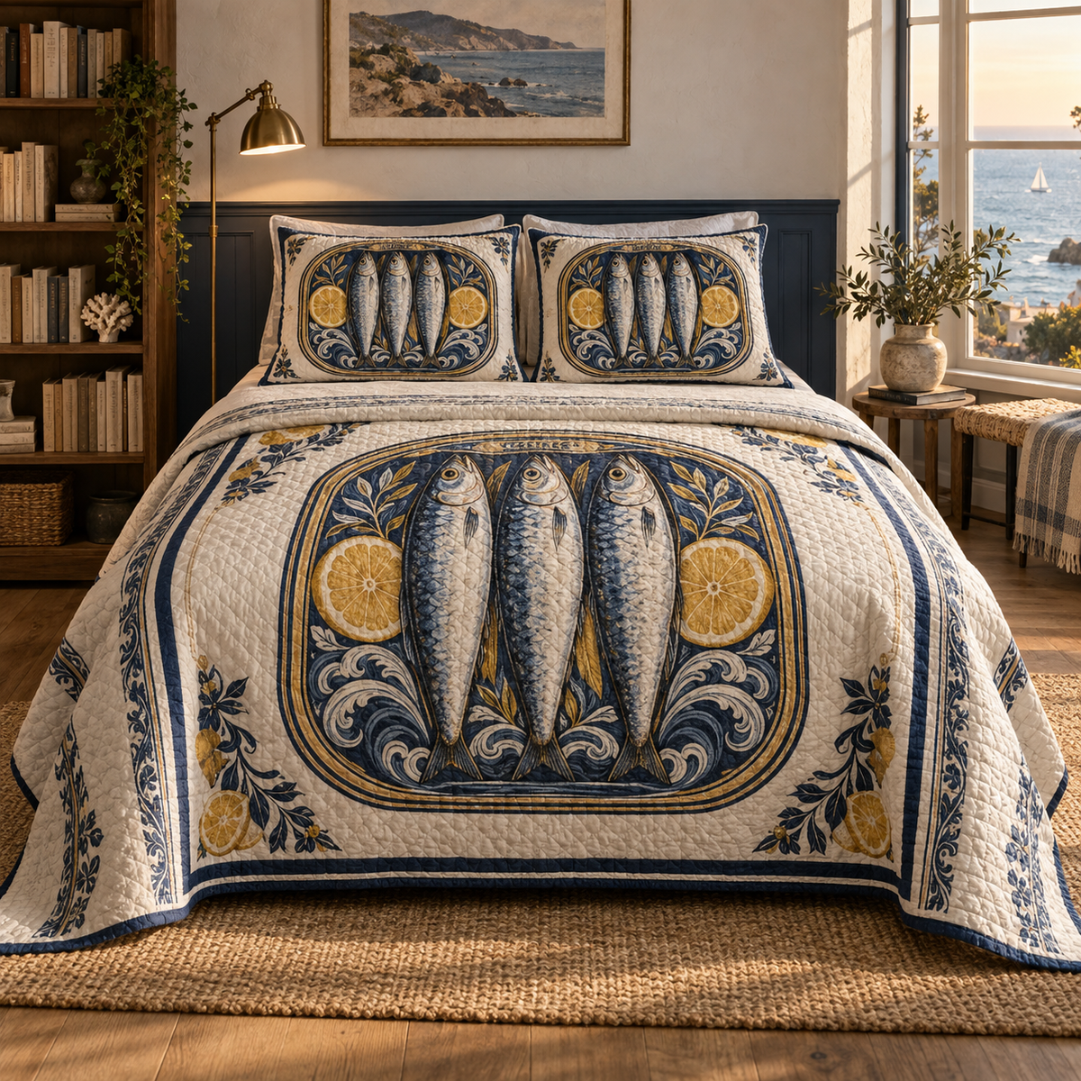 Sardine Tin Reading Nook Quilted Bedding Set with flat printed original sardine tin illustration in a coastal reading nook