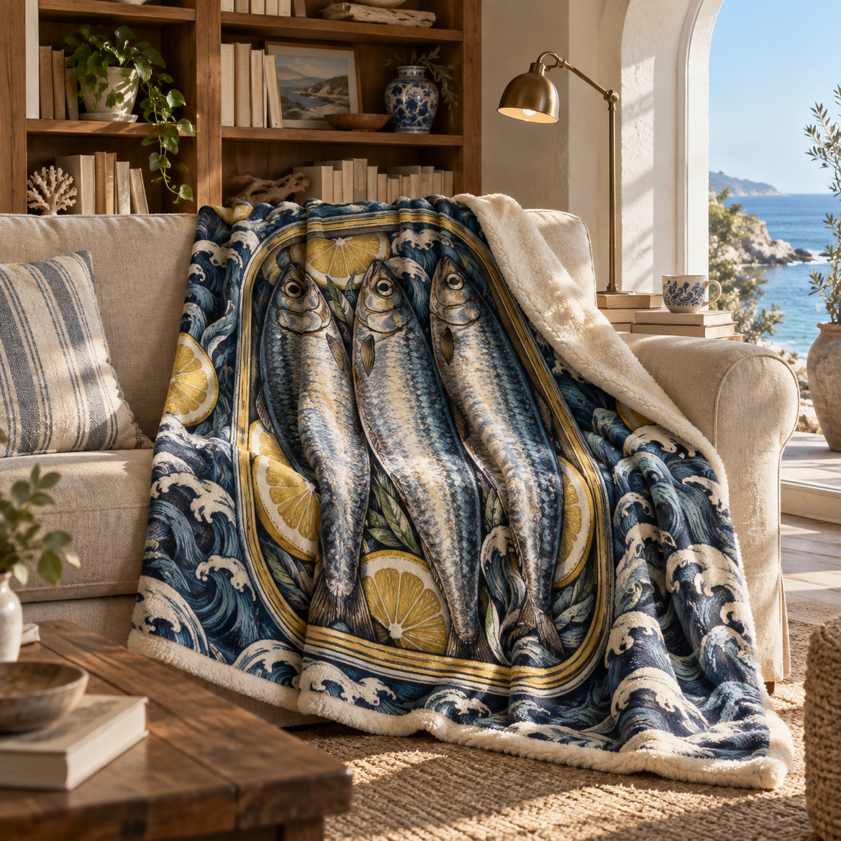 Sardine Tin Reading Nook Sherpa & Fleece Blanket with flat printed original sardine tin illustration in a coastal reading nook