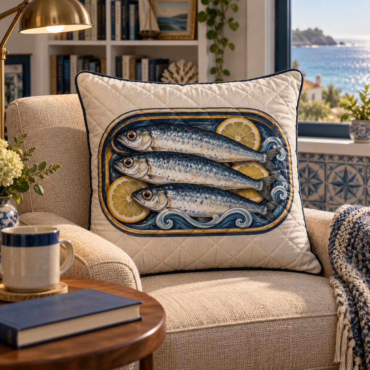 Sardine Tin Reading Nook Quilted Cushion Cover with flat printed original sardine tin illustration in a coastal reading nook