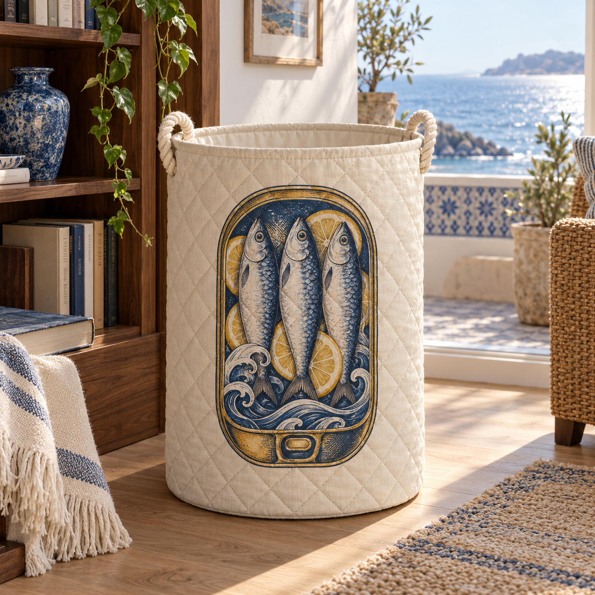 Sardine Tin Reading Nook Laundry Hamper with flat printed original sardine tin illustration in a coastal reading nook