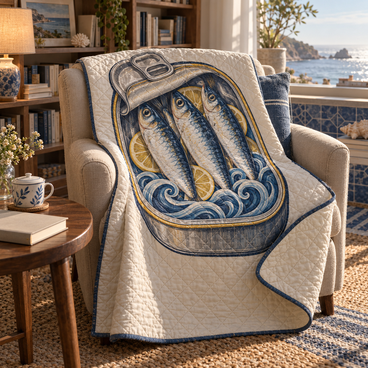 Sardine Tin Reading Nook Quilt Blanket with flat printed original sardine tin illustration in a coastal reading nook