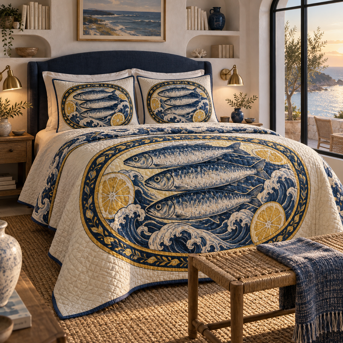 Sardine Tin Bedroom Statement Quilted Bedding Set with flat printed original sardine tin illustration in a layered coastal bedroom