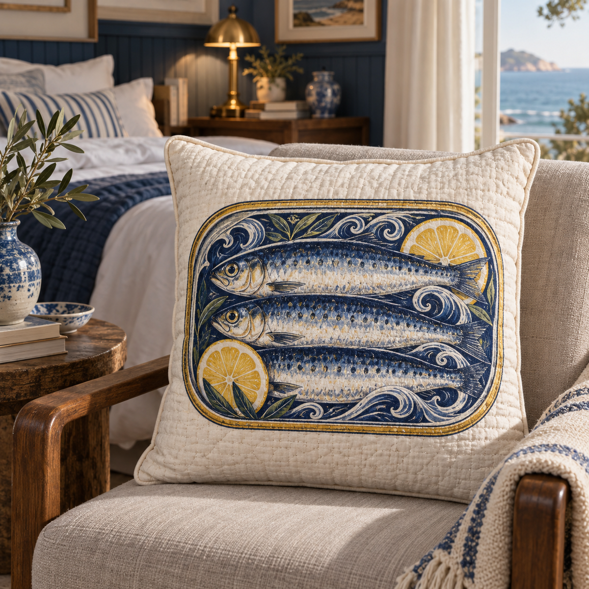 Sardine Tin Bedroom Statement Quilted Cushion Cover with flat printed original sardine tin illustration in a layered coastal bedroom