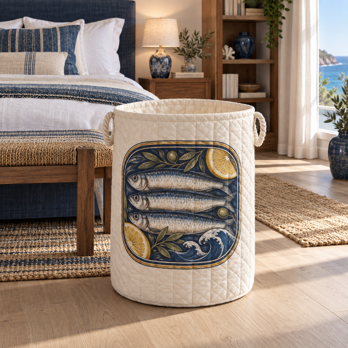 Sardine Tin Bedroom Statement Laundry Hamper with flat printed original sardine tin illustration in a layered coastal bedroom