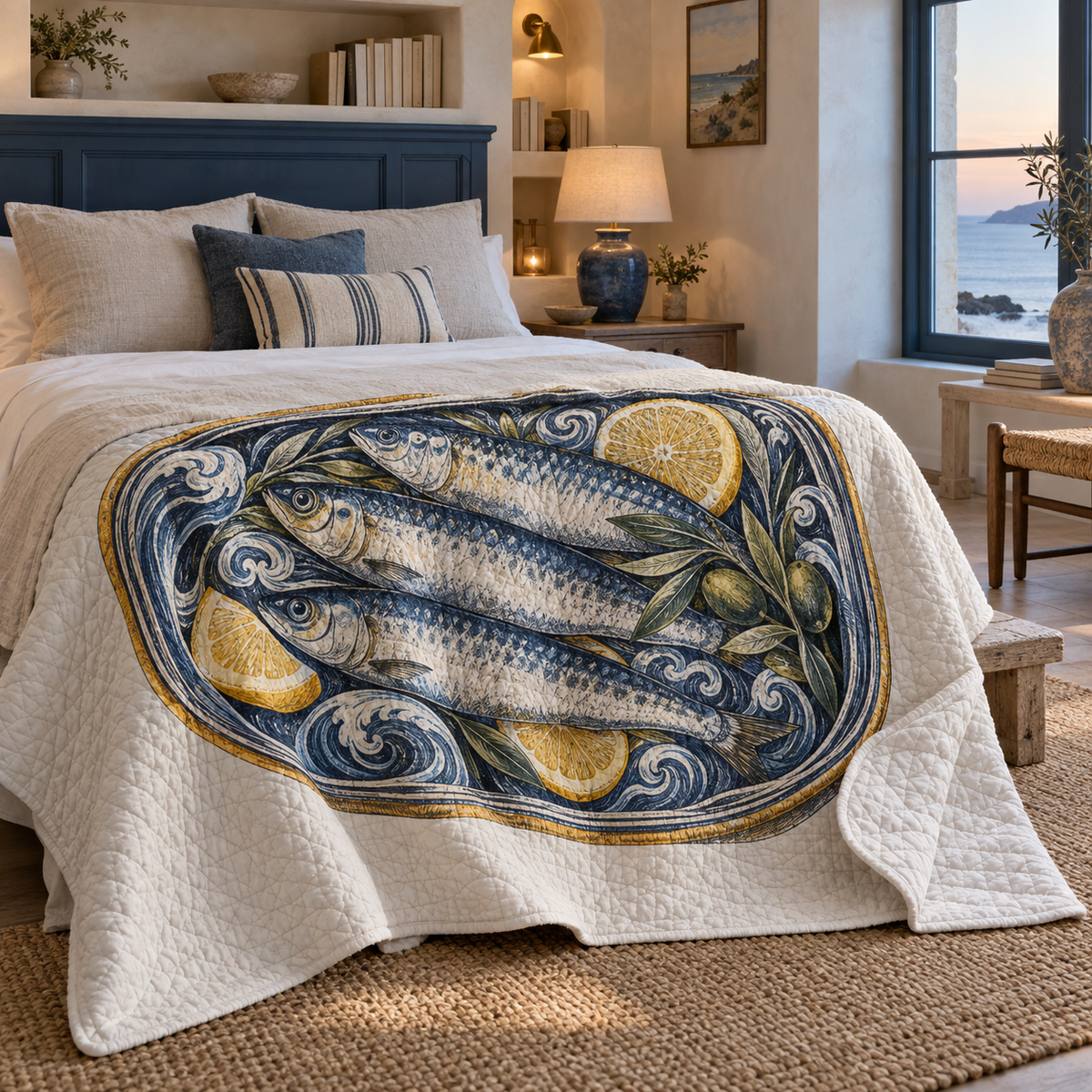 Sardine Tin Bedroom Statement Quilt Blanket with flat printed original sardine tin illustration in a layered coastal bedroom