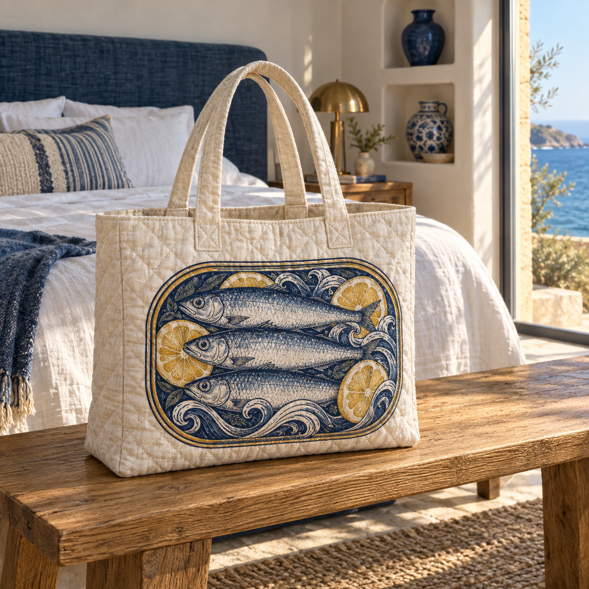 Sardine Tin Bedroom Statement Quilted Tote Bag with flat printed original sardine tin illustration in a layered coastal bedroom