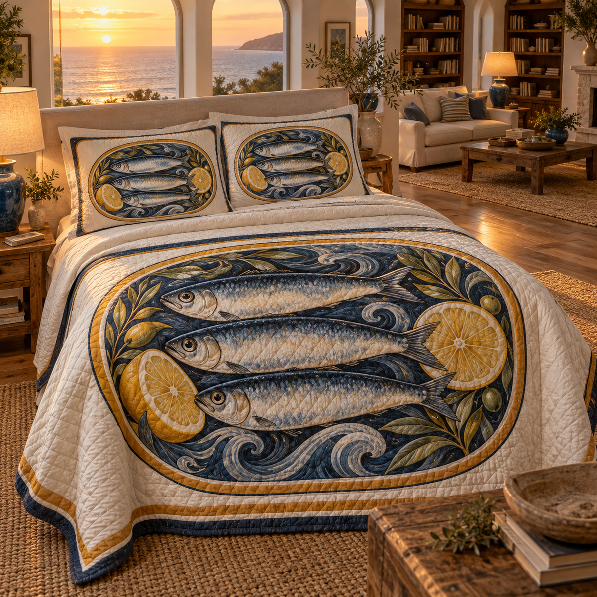 Sardine Tin Living Room Focal Quilted Bedding Set with flat printed original sardine tin illustration in a layered coastal living room