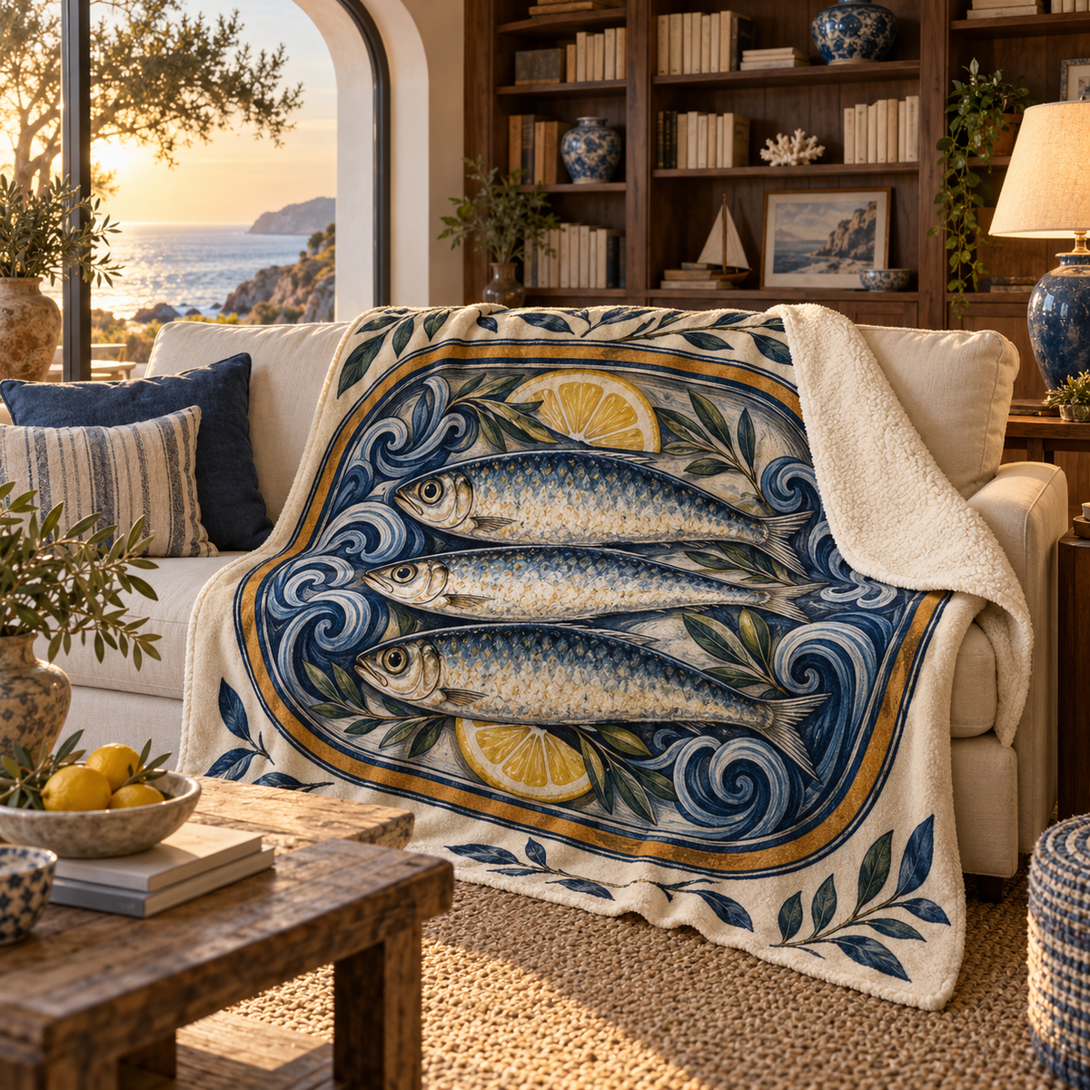 Sardine Tin Living Room Focal Sherpa & Fleece Blanket with flat printed original sardine tin illustration in a layered coastal living room