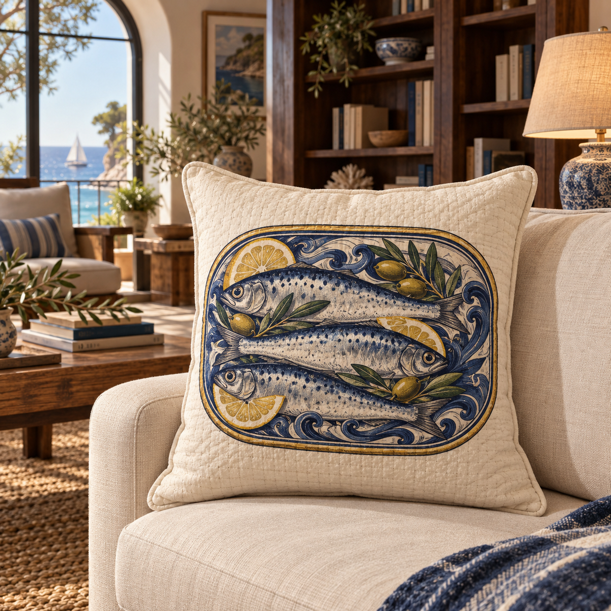 Sardine Tin Living Room Focal Quilted Cushion Cover with flat printed original sardine tin illustration in a layered coastal living room