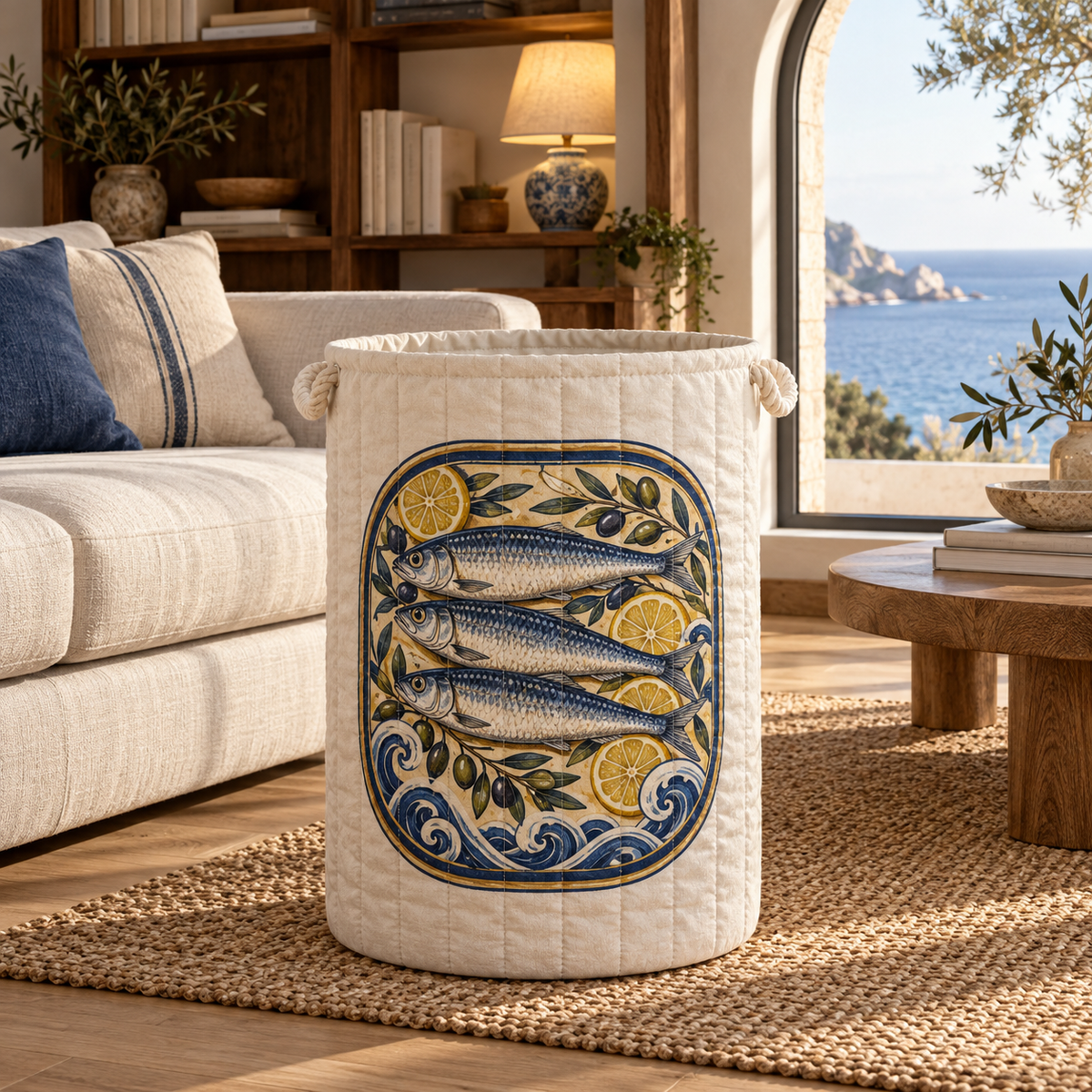 Sardine Tin Living Room Focal Laundry Hamper with flat printed original sardine tin illustration in a layered coastal living room