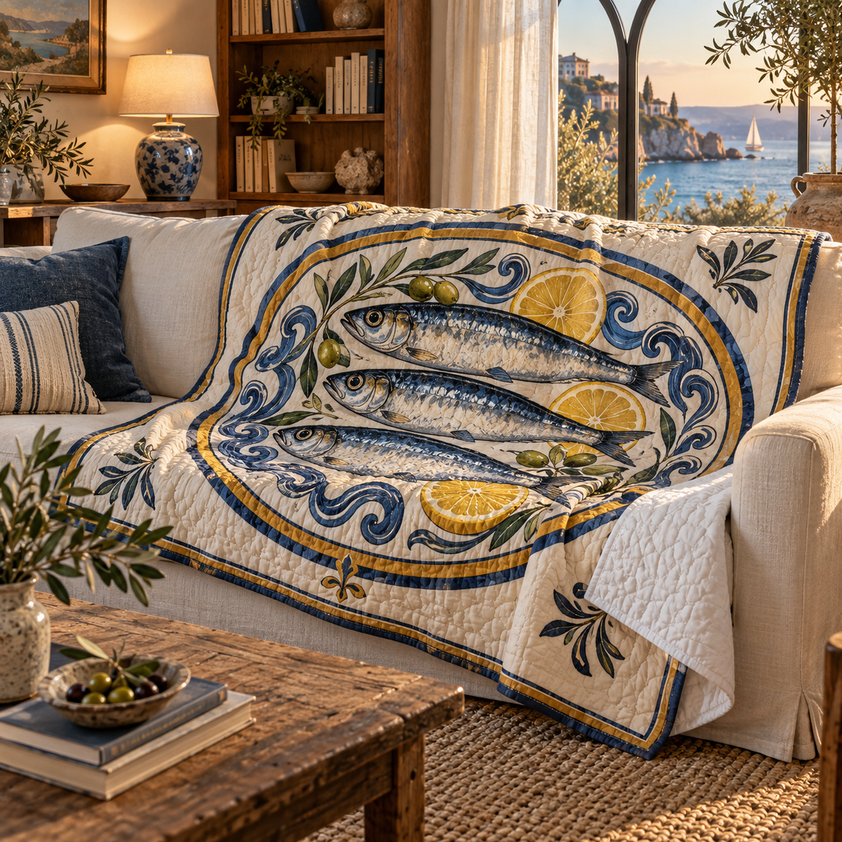 Sardine Tin Living Room Focal Quilt Blanket with flat printed original sardine tin illustration in a layered coastal living room