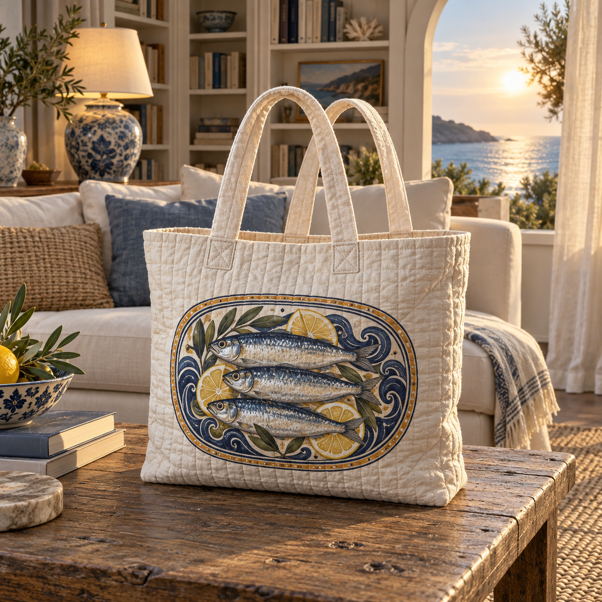 Sardine Tin Living Room Focal Quilted Tote Bag with flat printed original sardine tin illustration in a layered coastal living room