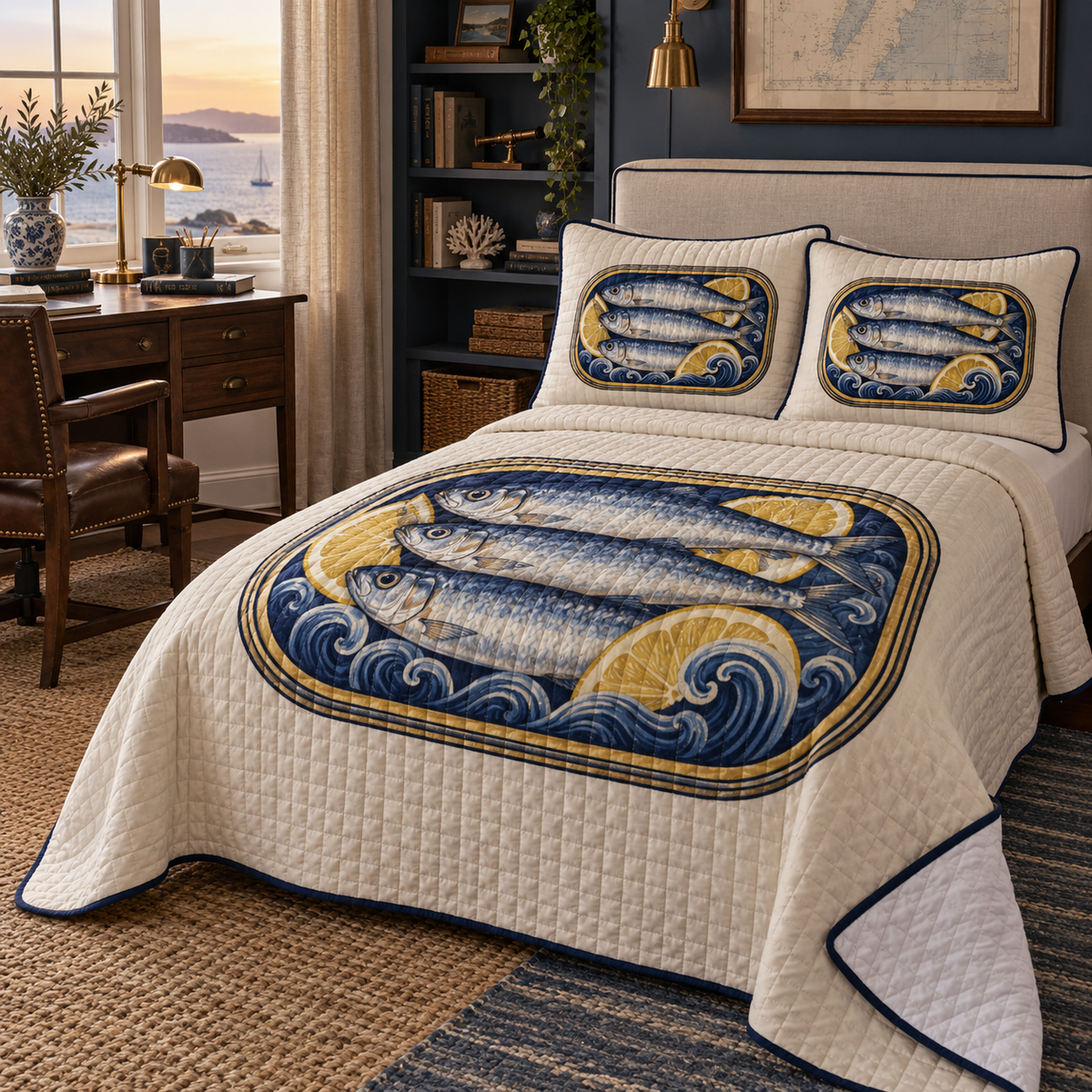 Sardine Tin Home Office Quilted Bedding Set with flat printed original sardine tin illustration in a layered coastal home office