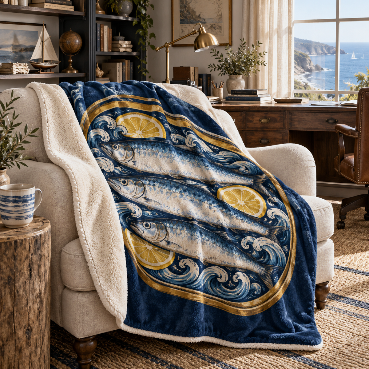 Sardine Tin Home Office Sherpa & Fleece Blanket with flat printed original sardine tin illustration in a layered coastal home office