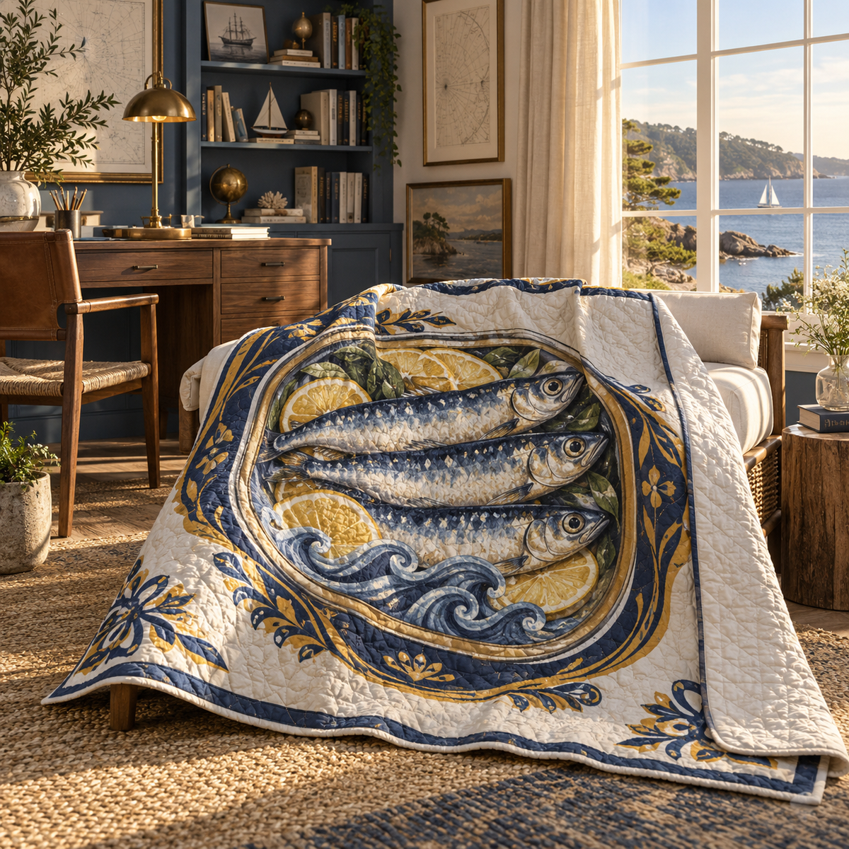 Sardine Tin Home Office Quilt Blanket with flat printed original sardine tin illustration in a layered coastal home office