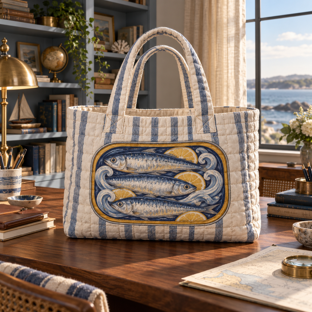 Sardine Tin Home Office Quilted Tote Bag with flat printed original sardine tin illustration in a layered coastal home office