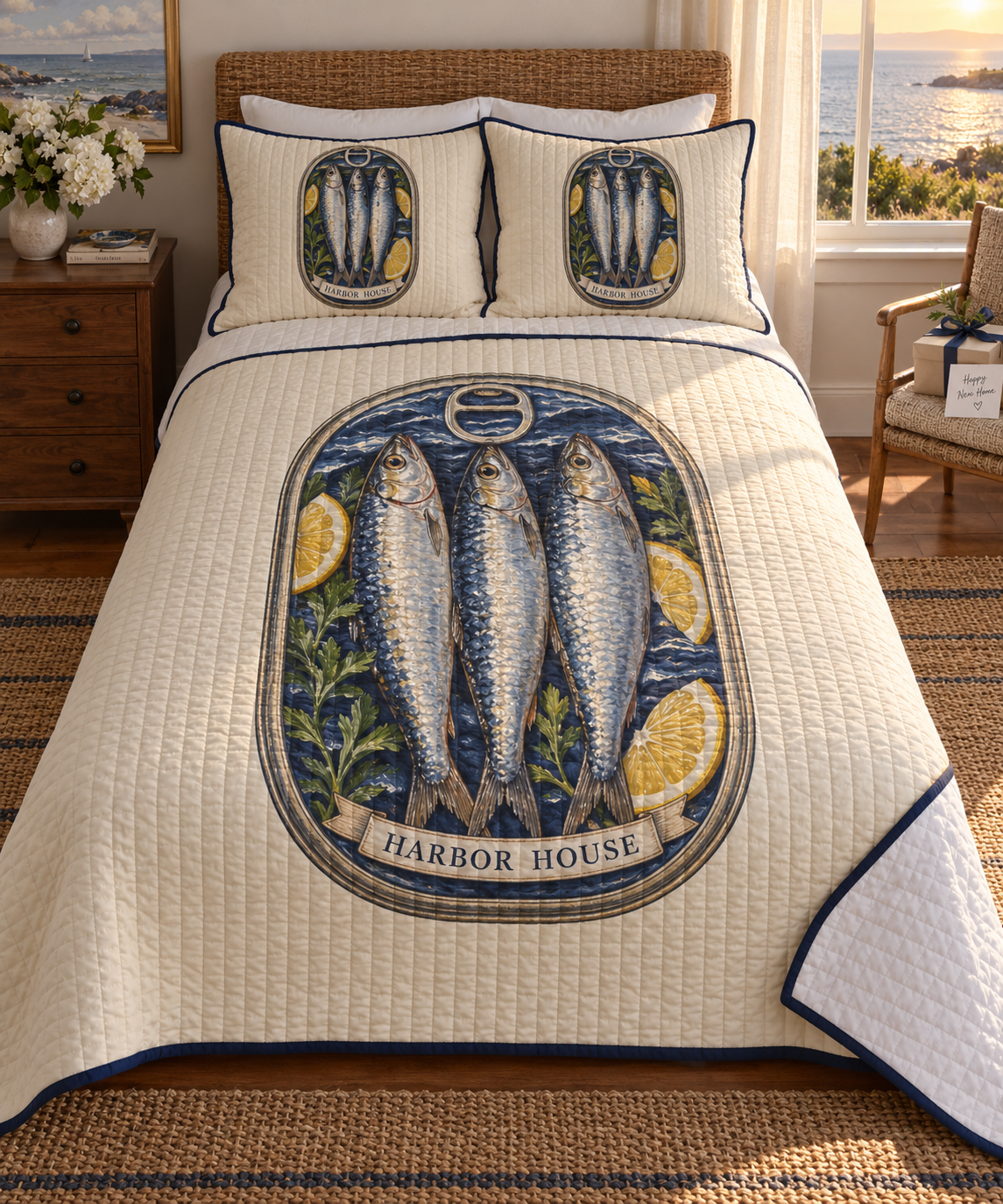 Sardine Tin Housewarming Quilted Bedding Set with a flat printed sardine tin illustration and sample household name in a layered coastal housewarming setting