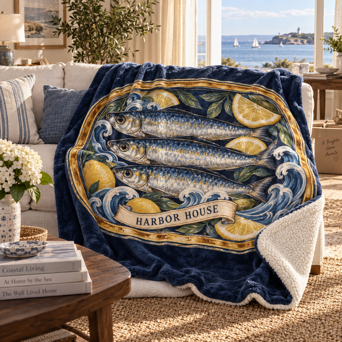 Sardine Tin Housewarming Sherpa & Fleece Blanket with a flat printed sardine tin illustration and sample household name in a layered coastal housewarming setting