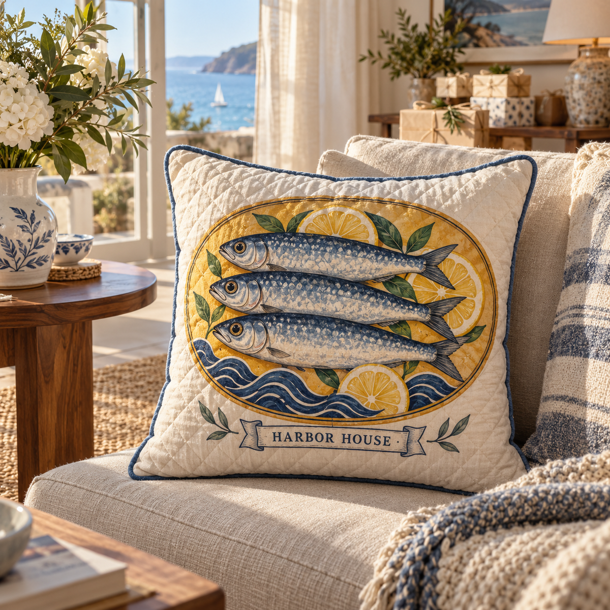 Sardine Tin Housewarming Quilted Cushion Cover with a flat printed sardine tin illustration and sample household name in a layered coastal housewarming setting