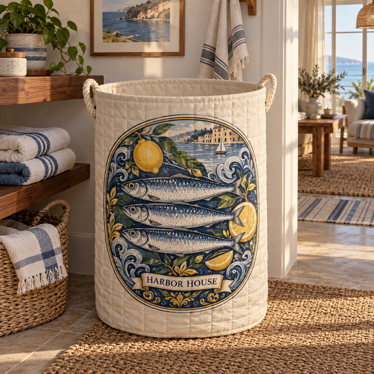Sardine Tin Housewarming Laundry Hamper with a flat printed sardine tin illustration and sample household name in a layered coastal housewarming setting