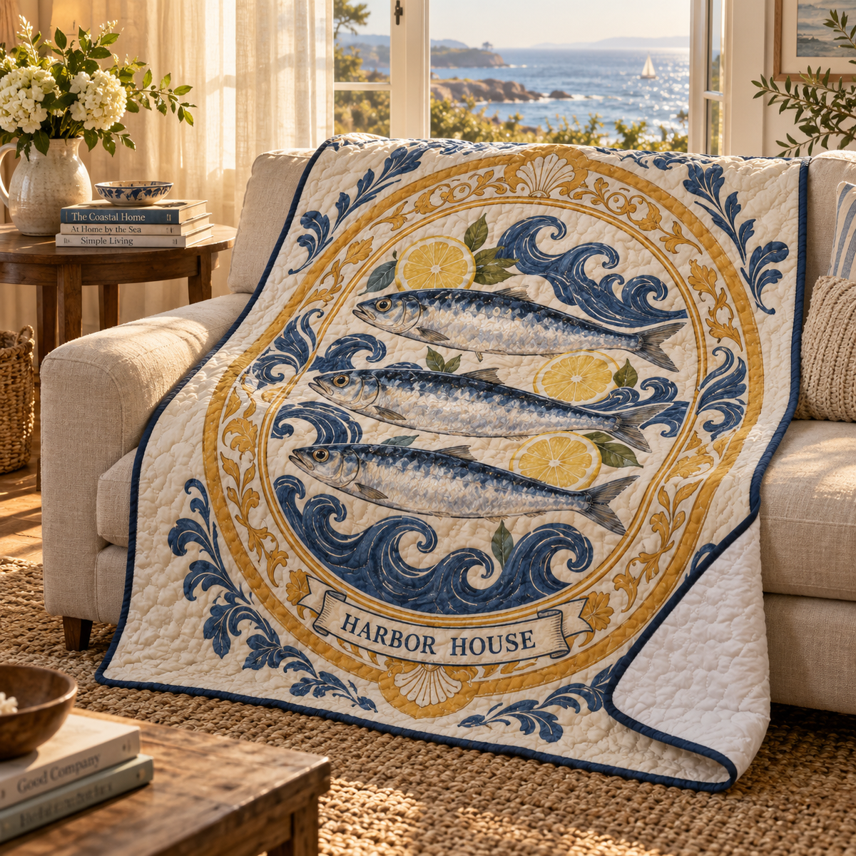 Sardine Tin Housewarming Quilt Blanket with a flat printed sardine tin illustration and sample household name in a layered coastal housewarming setting