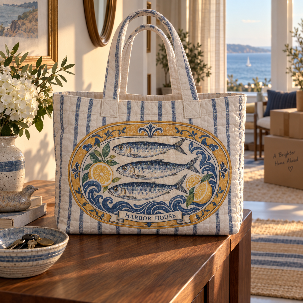 Sardine Tin Housewarming Quilted Tote Bag with a flat printed sardine tin illustration and sample household name in a layered coastal housewarming setting