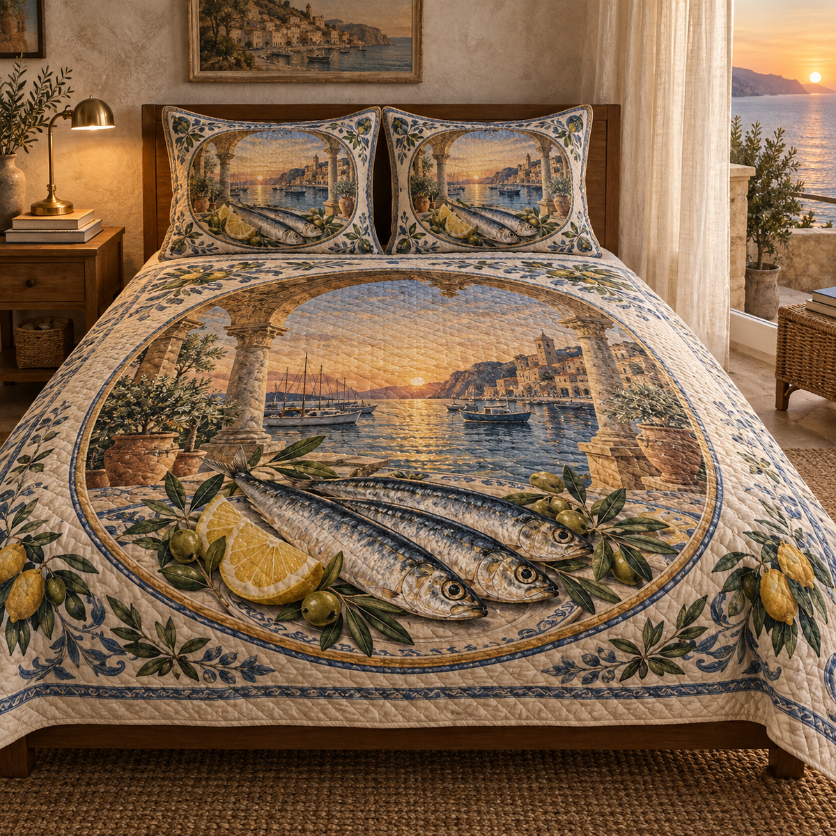 Sardine Tin Quiet Corner Quilted Bedding Set with original flat printed sardine tin art in a layered coastal reading corner