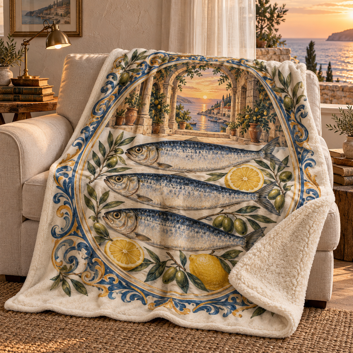 Sardine Tin Quiet Corner Sherpa & Fleece Blanket with original flat printed sardine tin art in a layered coastal reading corner