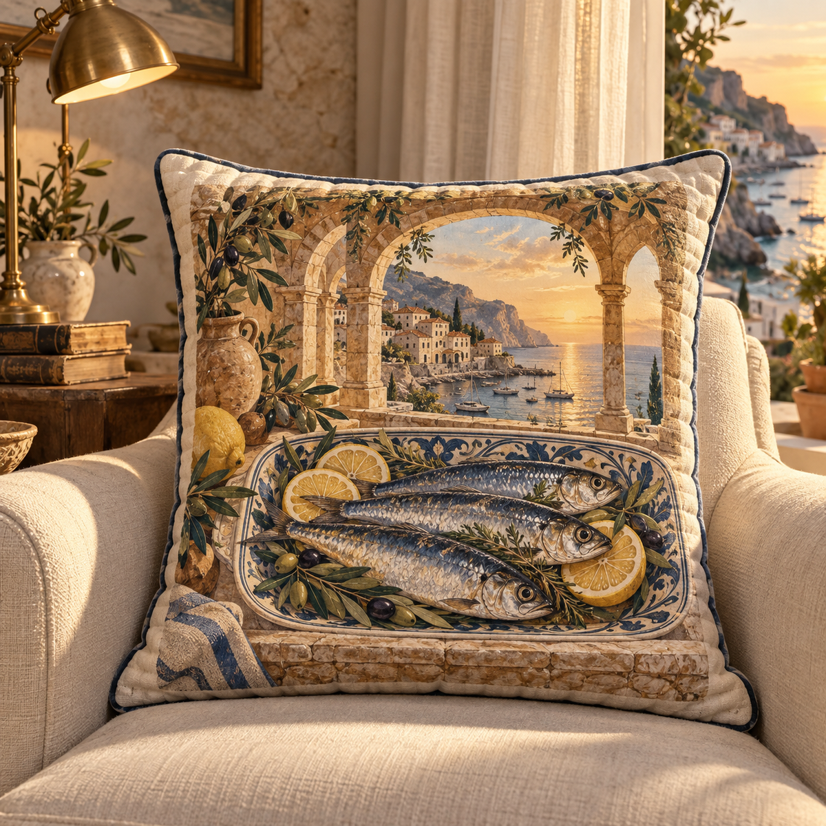 Sardine Tin Quiet Corner Quilted Cushion Cover with original flat printed sardine tin art in a layered coastal reading corner